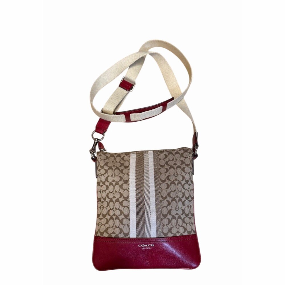 Coach Legacy Swingpack Crossbody Bag Khaki Tan And Cherry Red With Stripe